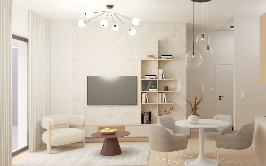 Salon z zabudową telewizyjną wykończony w pakiecie Comfort